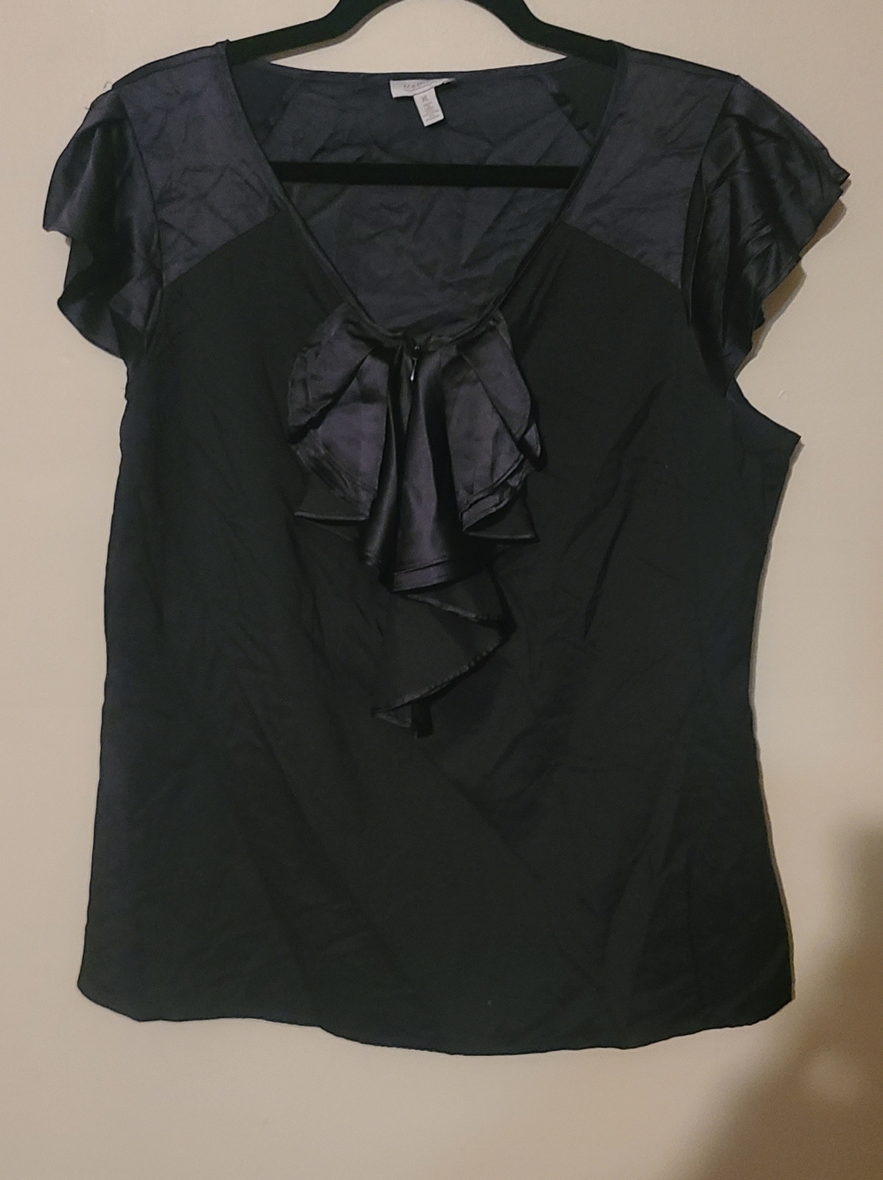 Madison Black Satin Ruffle V-Neck Blouse XL